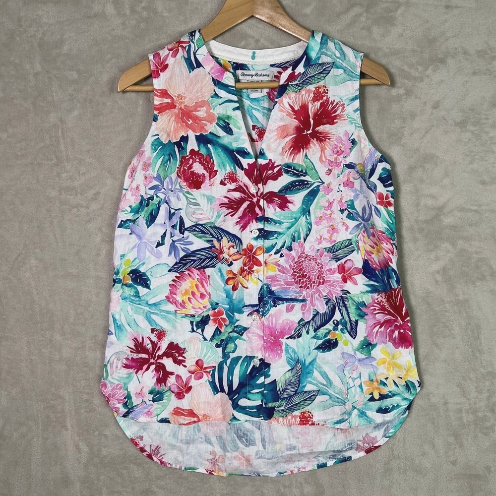 Tommy Bahama Sleeveless Linen‎ Shirt XS Floral V-Neck Button Up Tropical Resort